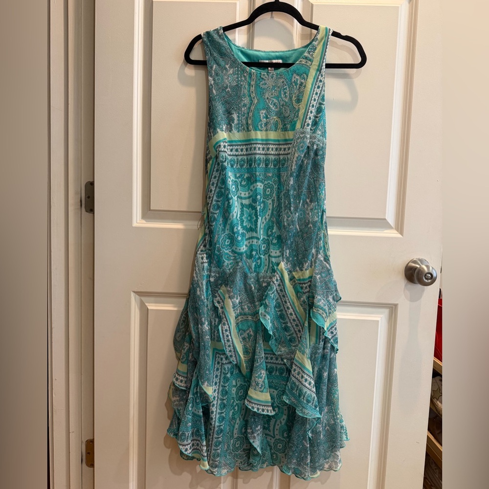 Teal Paisley Ruffled Sleeveless Dress